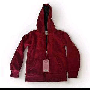 Red Zip-Up Hoodie with Ribbed Cuffs and Soft Fabric
